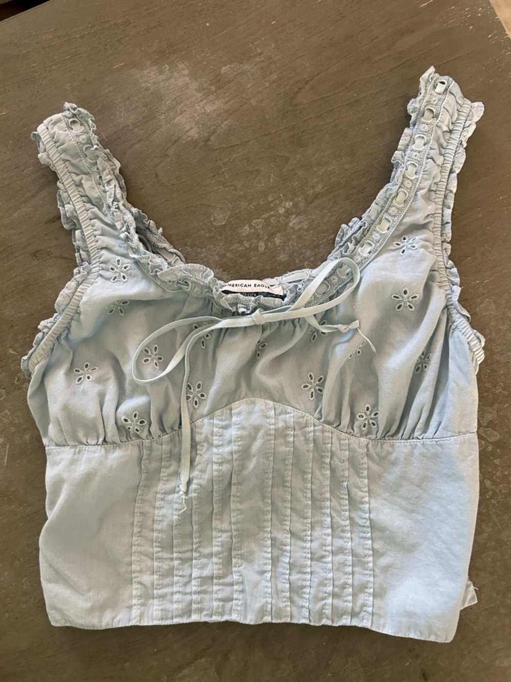 American Eagle Light Blue Eyelet Ruffle Tie-Front Tank